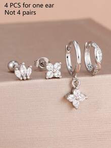 4件/組新款小水晶彎曲耳環女款，耳軟骨與耳垂花朵耳釘飾品 - 1-Silver-4PCS - 查看 6