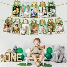 12 Stück Dschungel-Tier-Themen Geburtstags-Party Foto-Banner, Baby 1. Geburtstag Dekorationsartikel, geeignet für Tier-Themen-Party, Wald-Themen-Party, Geburtstags-Party - Grün - Übersicht 8