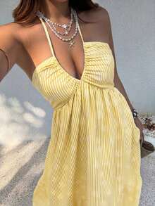 Pink Digital Print Fitted Waist Vacation Style Deep V-Neck Halter Backless Tie Dress - 黃色 - 查看 3