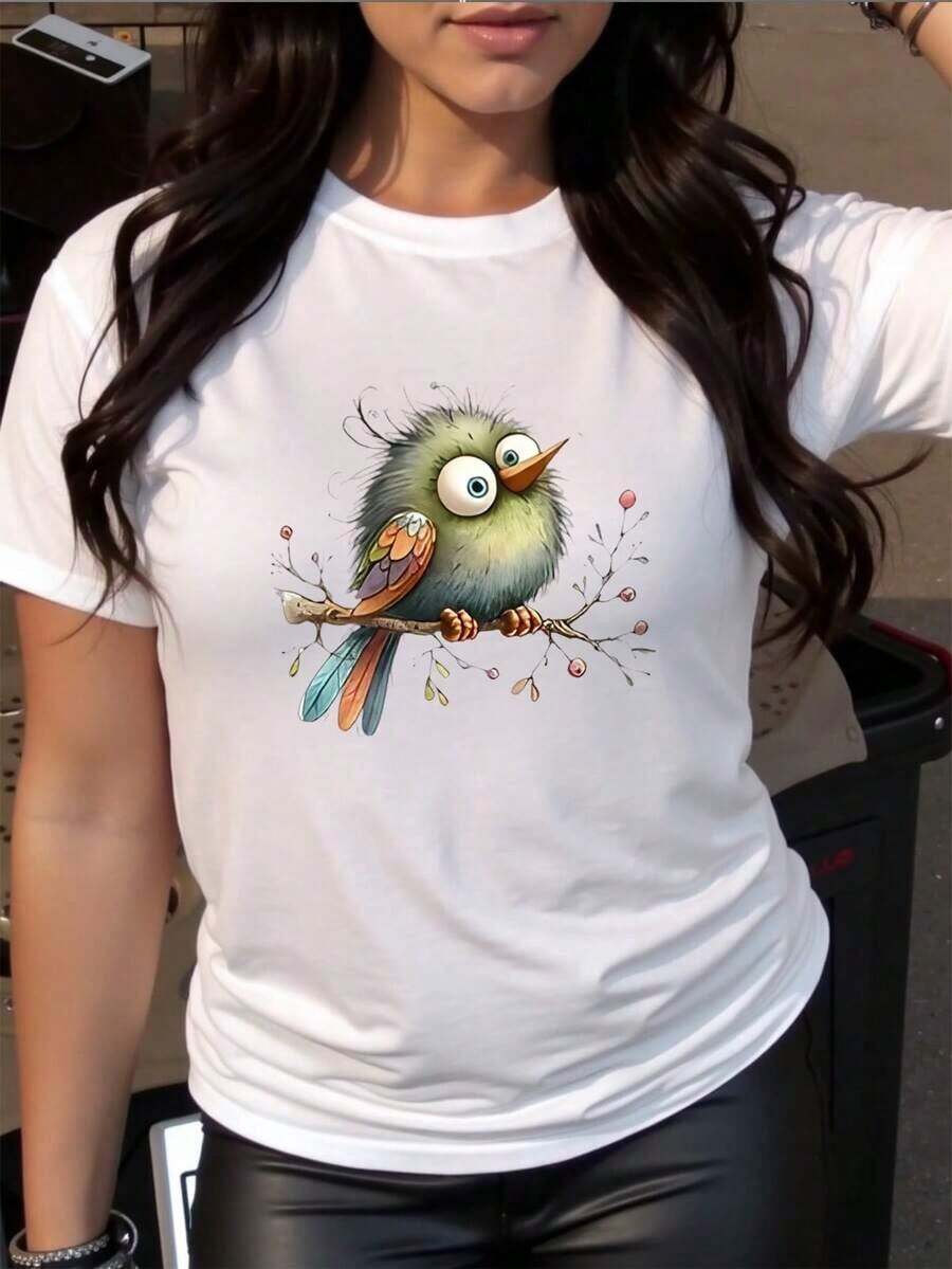 Women's 180g Cotton Short Sleeve T-Shirt - Cute Bird On Branch Illustration, Round Neck, Casual, Machine Washable For All Seasons, Gift For Mom, Comfortable Material, Modern Style, Everyday Wear T-Shirt - 白色 - 查看 1