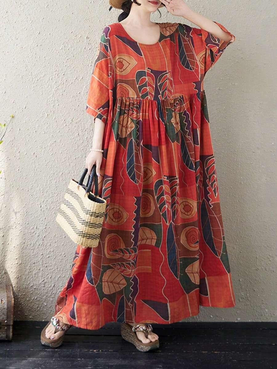 AZAH 大尺碼波希米亞風女款夏季長洋裝,寬鬆A字版型蝙蝠袖附口袋,復古碎花設計 - 紅色 - 查看 1