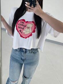 Nueva Camiseta Casual de Verano para Mujer con Estampado de Corazón y Oso, Cuello Redondo, Holgada, Blanca, Primavera, Verano, Top Bonito, Estilo Preppy para Maestras - Camiseta Unisex de Algodón Holgada de Manga Corta con Cuello Redondo, Estilo Vintage Urbano - Blanco - Ver 1