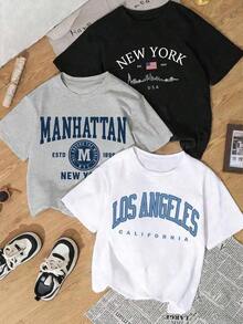 Short-Sleeved Crew Neck T-Shirts. Single Garment, Not A 3-Piece Set. 1 Piece/Set Of Short-Sleeved T-Shirts Suitable For Streetwear. Oversized Crew Neck Top For Daily Outings, Camping, Concerts, Hip-Hop, Rock, And Rap Events. Features An American Attitude Letter Graphic Print, Simple And Classic Style, Perfect For Summer And Versatile Wear For Women. - 黑色 - 查看 7