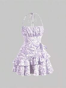 Vestido con estampado floral, cuello halter y bajo asimétrico con adornos - Morado - Ver 1
