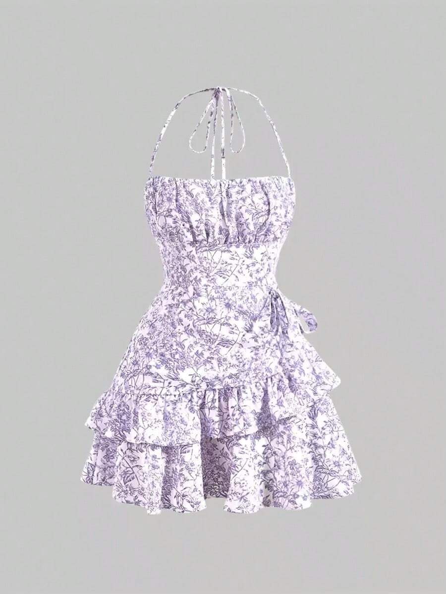 Vestido con estampado floral, cuello halter y bajo asimétrico con adornos - Morado - Ver 1