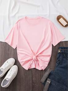New Women's Fashion T-Shirt, With Butterfly, Flower And Letter Print, Round Neck, Plus Size, Pure Cotton, Loose And Flattering, Local Delivery, Fashionable Casual Top, Casual Style, Round Neck, Slightly Stretchy. - 黑色 - 查看 5