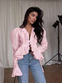 Camisa para mujer 2026 verano nuevo, moderna con botones, volantes, estilo suave y elegante - Rosa Pálido - Ver 2