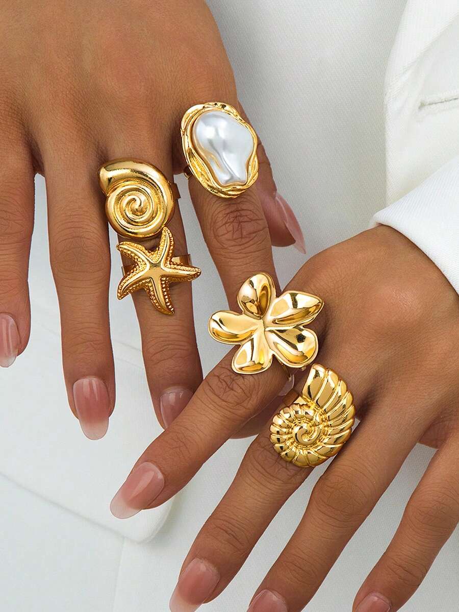 5pcs/Set Starfish, Shell, Conch, Flower & Pearl Shaped Bohemian Asymmetrical Geometric Exaggerated Metal Rings, Suitable For Daily Wear, Party, Music Festival, Beach, Bikini, Elegant & Refined For Women - Starfish, Seashell, Flower - View 1