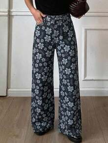 Jeans rectos de ajuste holgado con parches de cuadros y rayas para mujer, uso casual de oficina, otoño/primavera - Azul lavado oscuro - Ver 5