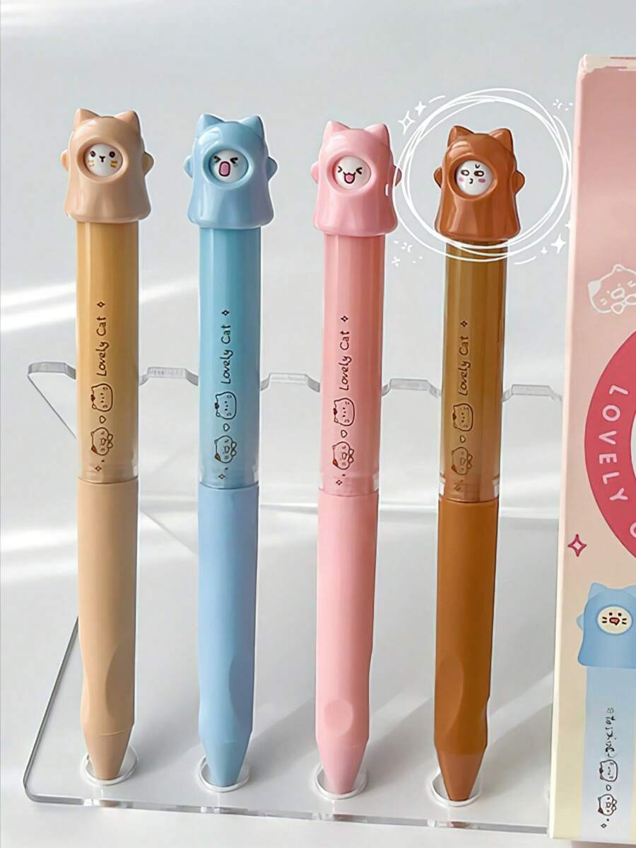 4支可爱猫咪造型中性笔,可旋转猫脸卡哇伊小猫咪笔,0.5mm ST圆珠笔,黑色墨水,可书写,旋转即可更换图案,办公用品,学生返校必备 - Gel Pens - 查看 1