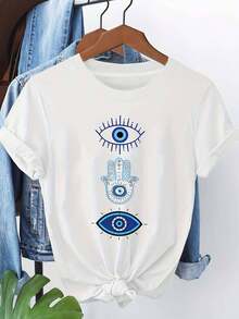 Women's Plus Size T-Shirt - Blue Eye Graphic Print, Minimalist Crew Neck, Short Sleeve, Comfortable, Chic, And Curve-Flattering T-Shirt For All Seasons, Casual And Everyday Wear (Plus Size Compatible, Stylish Plus Size Fit) - 白色 - 查看 6