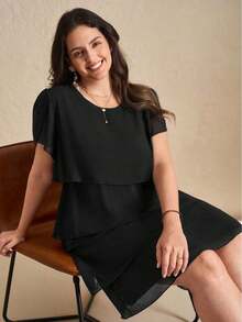 Reflora Vestido de moda con cuello redondo, mangas con volantes y estampado floral para mujer de talla grande - Negro - Ver 7