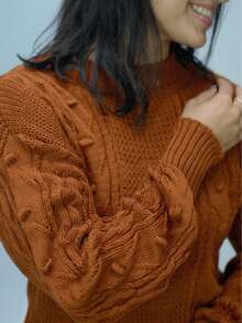 Women's Red Ribbed Knit Sweater With A Wool-Like Feel, Warm Long-Sleeved Top With A Crew Neck For Autumn And Winter. - 摩卡棕 - 查看 2