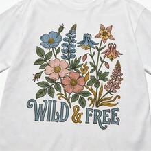 Playera Blanca/Negra con Diseño "Wild & Free", Camiseta Holgada con Flores y Frase Inspiradora, Estilo Boho y Vintage para Primavera/Verano - Blanco - Ver 4