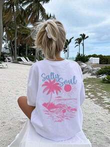 1 Piece 2026 New Summer Collection: Shipped Locally - SALTY SOUL Women's Short Sleeve Crew Neck T-Shirt, Coconut And Sun Print, Versatile Fashion, Essential Garment For Everyday Wear And Vacation. Women's Printed Vacation T-Shirt - Sizes S-7XL 100% Cotton 180g 100% Cotton, Designs Are Fully Printed. Unisex. - 白色 - 查看 2