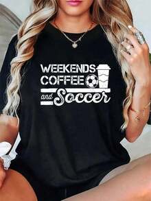 100% Cotton T-Shirt With Fun Football And Coffee Print For Women And Men, Urban Vintage Style, Unisex, Loose Fit, Short Sleeve And Round Neck, 100% Pure Cotton - 黑色 - 查看 5