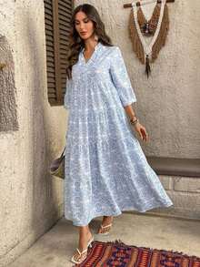 Vestido de vacaciones con mangas acampanadas y volantes en el bajo, unicolor para mujer, atuendos de vacaciones para mujer - Multicolor - Ver 7