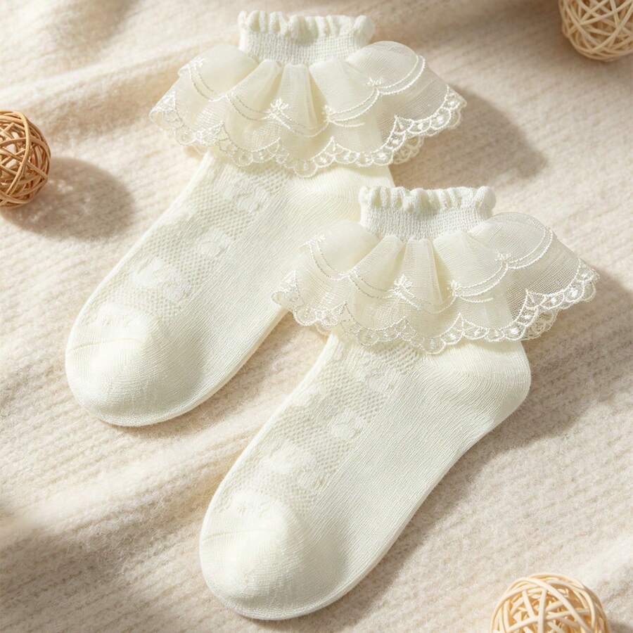 1雙女童春夏季百搭校襪,可愛米色甜美公主風刺繡蕾絲飾邊襪,荷葉邊可愛公主短襪,時尚休閒透氣親膚柔軟舒適,適合校園穿著/舞蹈表演/派對聚會/日常活動 - 米色 - 查看 1