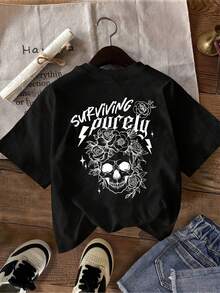 Conjunto de 1 pieza de camiseta de mujer de manga corta con cuello redondo y estampado de Halloween, estilo casual y sencillo, para verano. - Negro - Ver 2