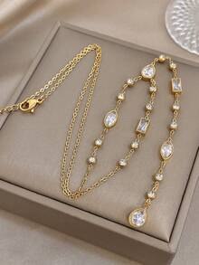 1Pc Elegant Luxury Golden Stainless Steel Y-Shaped Chain Heart Zirconia Necklace For Women, Daily/Summer Boho/Party/Wedding,Mom Gift,Valentine Birthday - Multicolor - View 8