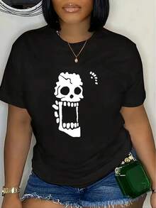 Camiseta deportiva holgada de manga corta y cuello redondo para mujer con diseño de calavera sorprendida - Negro - Ver 3