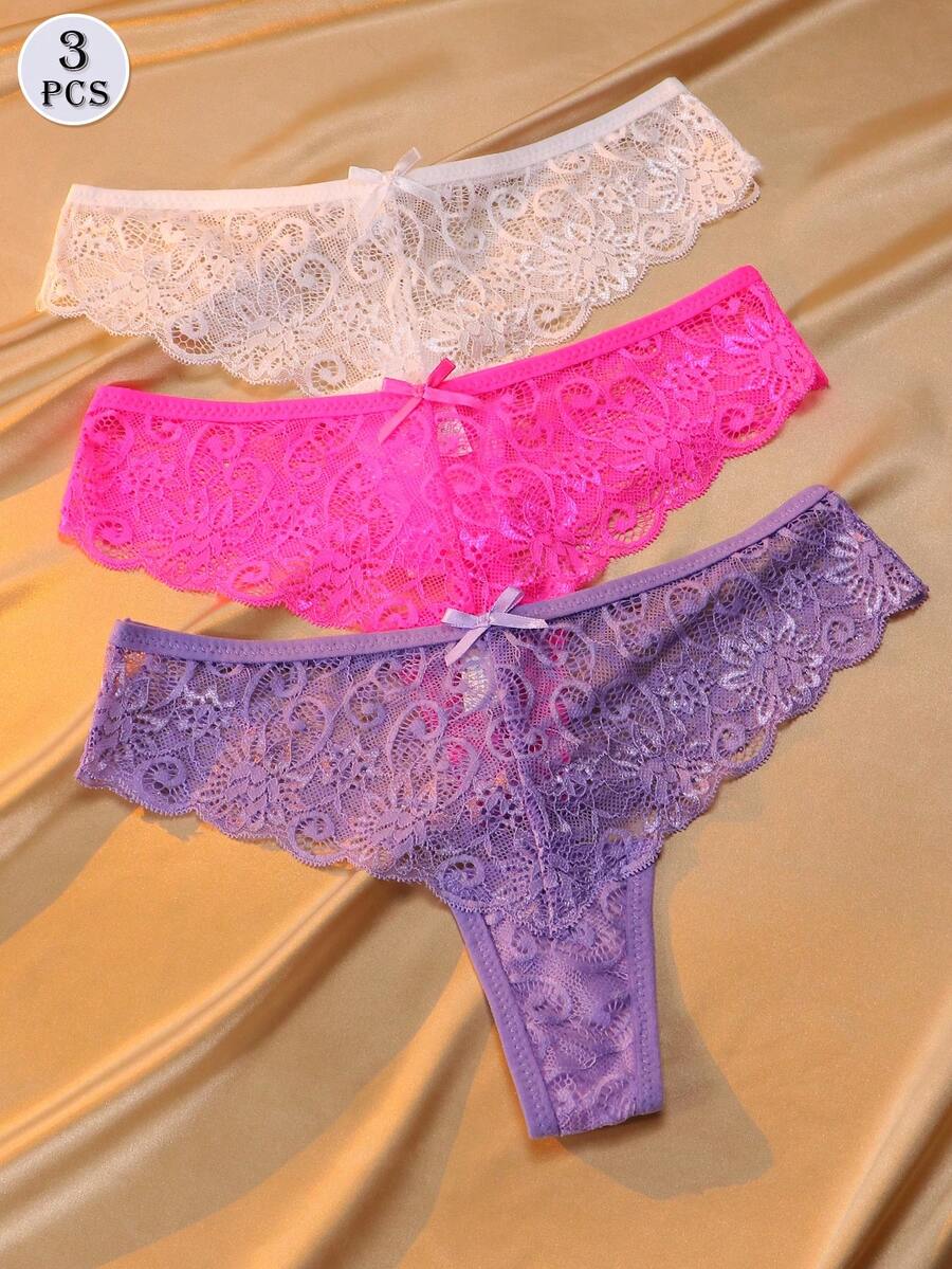 3件組性感蕾絲女款低腰丁字褲 - 彩色 - 查看 1