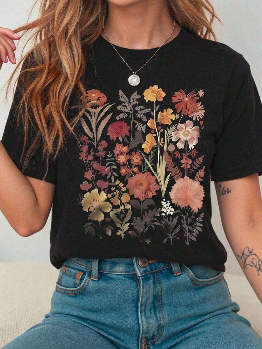 Camiseta de manga corta, cuello redondo, casual para mujer, ideal para vacaciones de verano - Negro - Ver 1