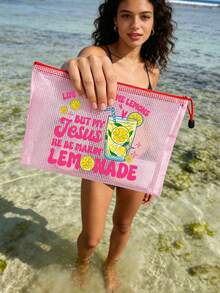 Lemons Christian Mesh Zipper Pouch, Inspirational Lemon Print Transparent Cosmetic Bag, Religious Faith-Based Organizer , Waterproof Mesh Makeup Pouch For Church, Travel, And Daily Use, Large Capacity Transparent Cosmetic Bag With Nylon Zipper - Multicolor - View 2