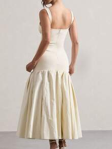 Vestido primavera mujer estilo europeo cuello cuadrado liso combinado plisado elegante para uso diario y oficina - Blanco - Ver 6