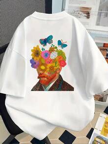Camiseta de manga corta con estampado frontal y trasero que muestra el retrato de Van Gogh y girasoles - ¡La elección perfecta para la moda femenina de primavera y verano!Camiseta Y2k - Negro - Ver 4