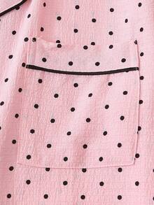 2pcs Mini Polka Dot Print Women's Summer Contrast Trim Collar Button Short Sleeve Top And Bow Shorts Pajama Set Suitable For Home Use - Pink - View 4