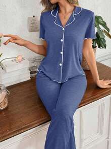 Mono de verano de punto ligero y suelto con volantes, de tela roja, de estilo casual y holgado para mujer - Azul marino - Ver 6