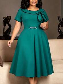 AOMEI Plus Size Women's Round Neck Color Block Short Sleeve Tie Waist A-Line Midi Dress With Bow Elegant Summer - Green - View 5