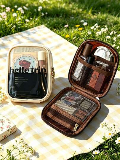 1pc Transparent Mini Makeup Bag, Ins-Inspired High-Quality Design, Waterproof & Durable PVC Material, Large Capacity Compartmentalized Storage, Can Hold Lipstick, Eyeshadow, Powder, Skincare Samples, Cotton Swabs & Other Beauty Items, Also Suitable As Jewelry Organizer Or Portable Pouch. Transparent Panel For Easy Visibility, Smooth & Sturdy Dual Zipper Closure, Interior Mesh Pockets For Compartmentalization