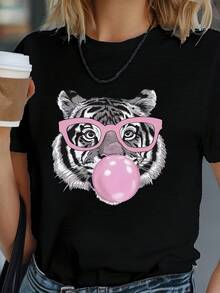 Casual T-Shirt, Plus Size T-Shirt + Shipping From Mexico + High-Quality Breathable Fabric + Women's Short Sleeve Crew Neck Printed Top, Tiger With Pink Glasses, Blowing, 100% Cotton, Durable - 黑色 - 查看 7