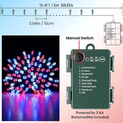 Dây đèn LED đỏ trắng xanh dài 17,3 feet (khoảng 5,1 mét) 50 đèn LED chạy bằng pin, 8 chế độ chiếu sáng với chức năng hẹn giờ, thích hợp trang trí trong nhà và ngoài trời cho ngày Quốc khánh 4 tháng 7, Ngày Tưởng niệm, các bữa tiệc.