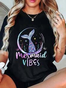 100% Cotton Mermaid Style T-Shirt For Girls' Birthday, Mermaid Tail Beach T-Shirt - Unisex Vintage Urban Style, Loose Fit Short Sleeve Cotton T-Shirt With Round Neck, 100% Pure Cotton - 黑色 - 查看 6