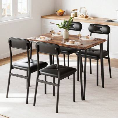 4-Piece Space-Saving Table & PU Leather Chairs, Dining Table Set For 4,Sturdy Metal Frame & Wood Top,