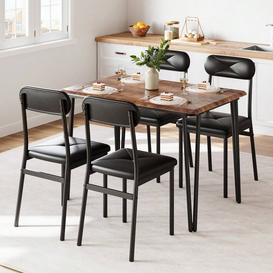 4-Piece Space-Saving Table & PU Leather Chairs, Dining Table Set For 4,Sturdy Metal Frame & Wood Top, - A - Ver 1