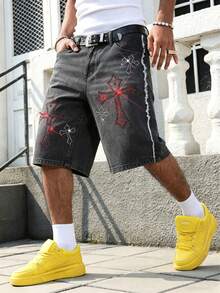 Men's Rhinestone Denim Shorts - Grey - View 1