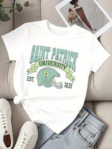 Women's Crew Neck T-Shirt With St. Patrick's University Football Helmet And Shamrock Print, Short Sleeve, Casual Clothing For College Sports Fans - 白色 - 查看 2