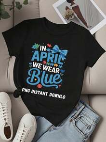 Camiseta de cuello redondo para mujer, con estampado de piezas de rompecabezas azules y lazo, manga corta, para el Mes de Concientización sobre el Autismo. - Negro - Ver 2