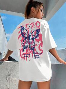 Camiseta de Hombros Caídos con Estampado de Letras y Mariposas, Manga Corta, Cuello Redondo, Estilo Casual para Primavera y Verano, Ropa de Mujer Y2k - Negro - Ver 5