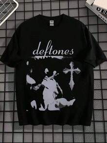 Camiseta clásica con estampado de rock Deftone, camiseta para hombres, estampado de arte retro cruzado, camisa suelta de manga corta - Negro - Ver 8