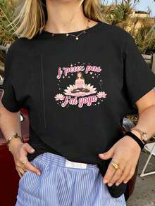 Camiseta casual de mujer con estampado de yoga, 100% algodón, estampado artístico, estilo hip-hop urbano, transpirable. - Negro - Ver 1
