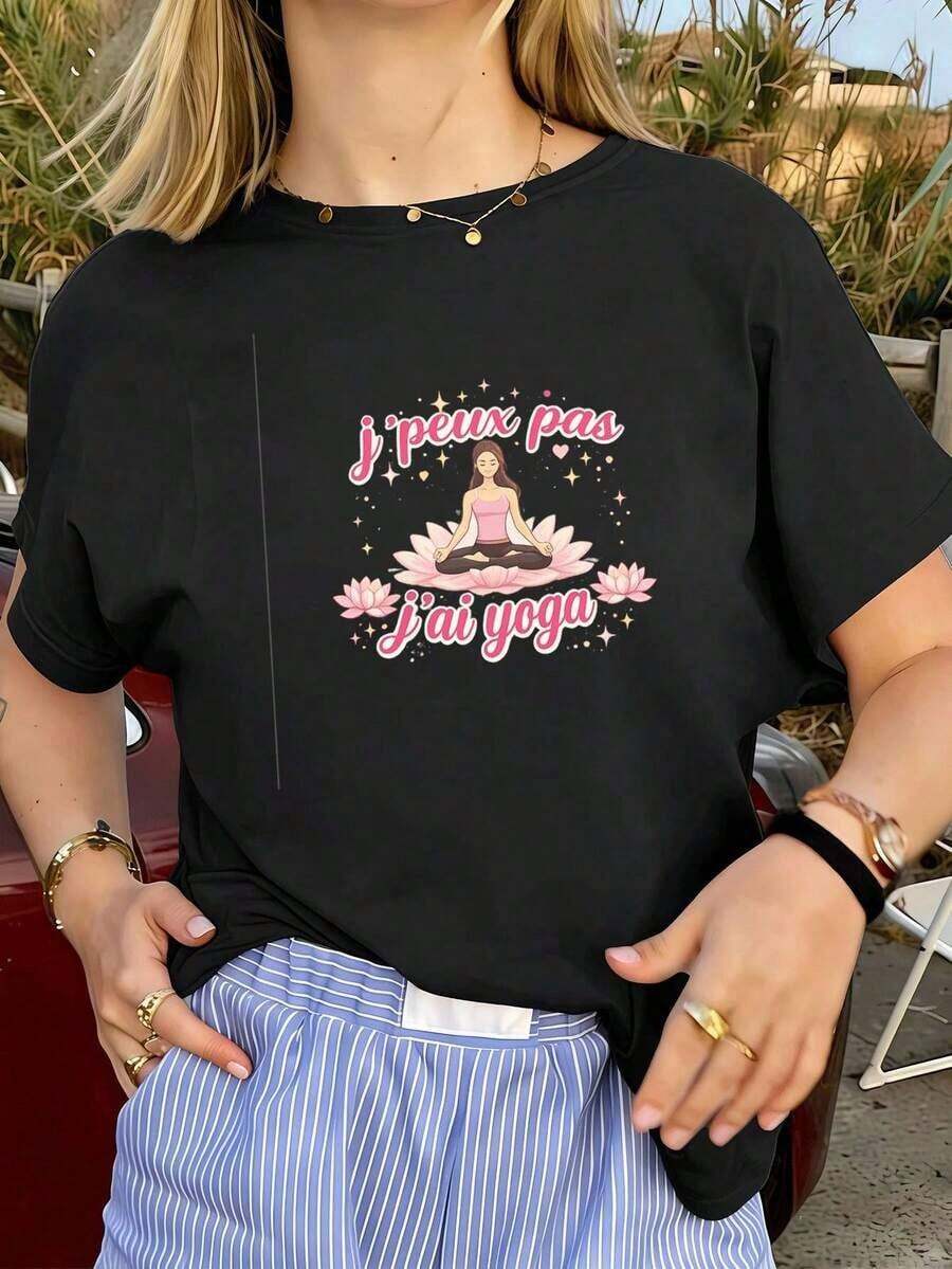Camiseta casual de mujer con estampado de yoga, 100% algodón, estampado artístico, estilo hip-hop urbano, transpirable. - Negro - Ver 1
