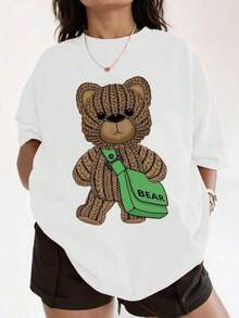 Impresión de oso tejido lindo, diseño de bolso de hombro lindo "BEAR", camiseta de uso diario, camiseta de 100% algodón de 1 pieza - Negro - Ver 6