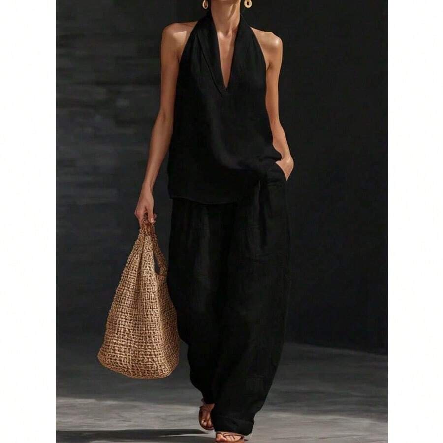 Women's Halter V-Neck Sleeveless 2-Piece Set, Solid Wide Leg Pants, Casual Lounge Co-Ord Outfit For Summer Vacation - 黑色 - 查看 1