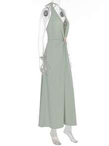 Vestido largo fiesta mujer cuello halter escote V profundo espalda descubierta cintura ajustada estilo europeo elegante - Verde - Ver 5