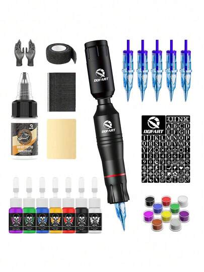 DQFART Wireless Tattoo Machine Kit With 1200mAh Battery, Made Of Aluminum Alloy, Professional Tattoo Machine Set. Includes Complete Tattoo Pen Kit, Tattoo Needles, Tattoo Ink And Various Tattoo Supplies, Suitable For Beginners And Professional Tattoo Artists.